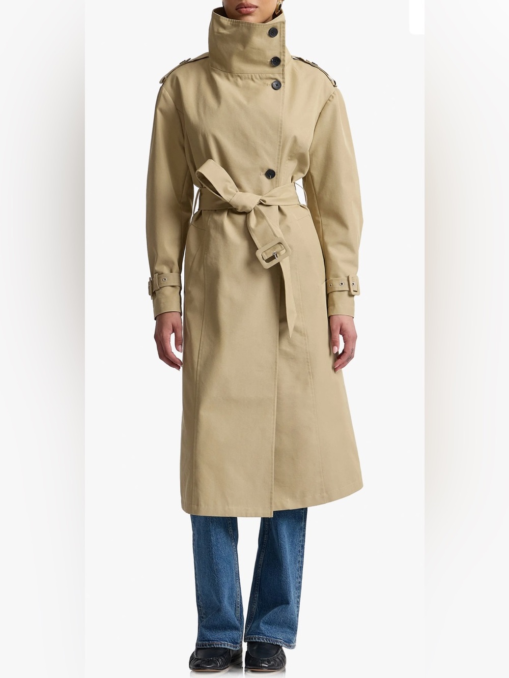 Avec Les Filles Khaki Trench Coat with High Collar and Waist Tie